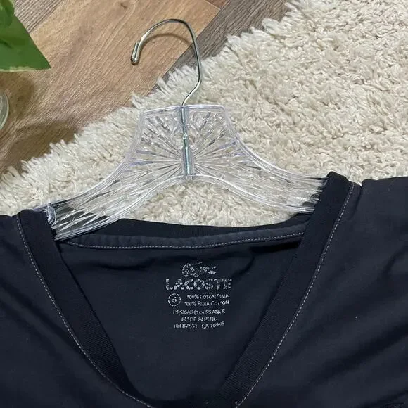 Lacoste Size 6 Oversized Black Pink V-Neck Cropped Short Sleeve Crewneck Tee - Picture 3 of 4